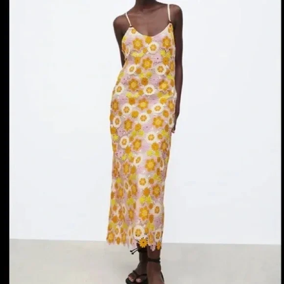 Zara - Midi Crochet Daisy Dress Orange Yellow Pink - size xs - Picture 3 of 8
